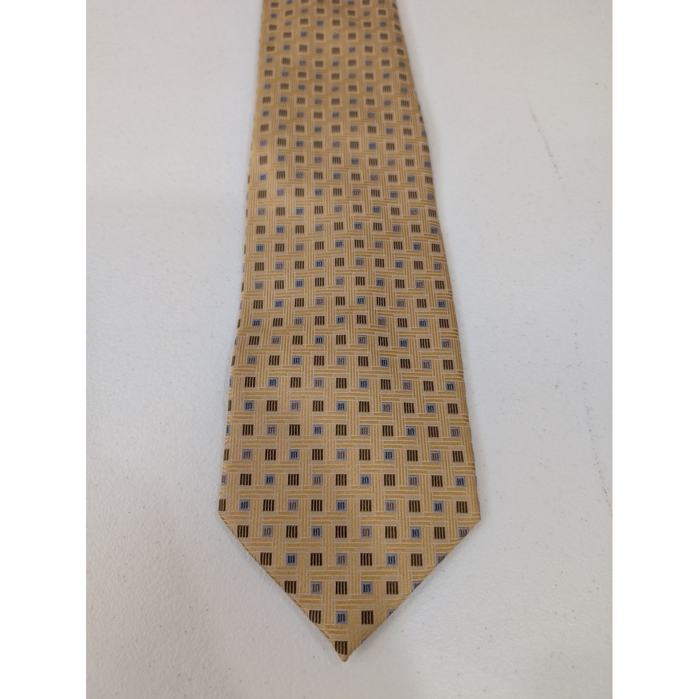 Impermeable Weatherproof Mens Tie Silk Hand Made Tan Blue‎ Brown Geometric 58"
